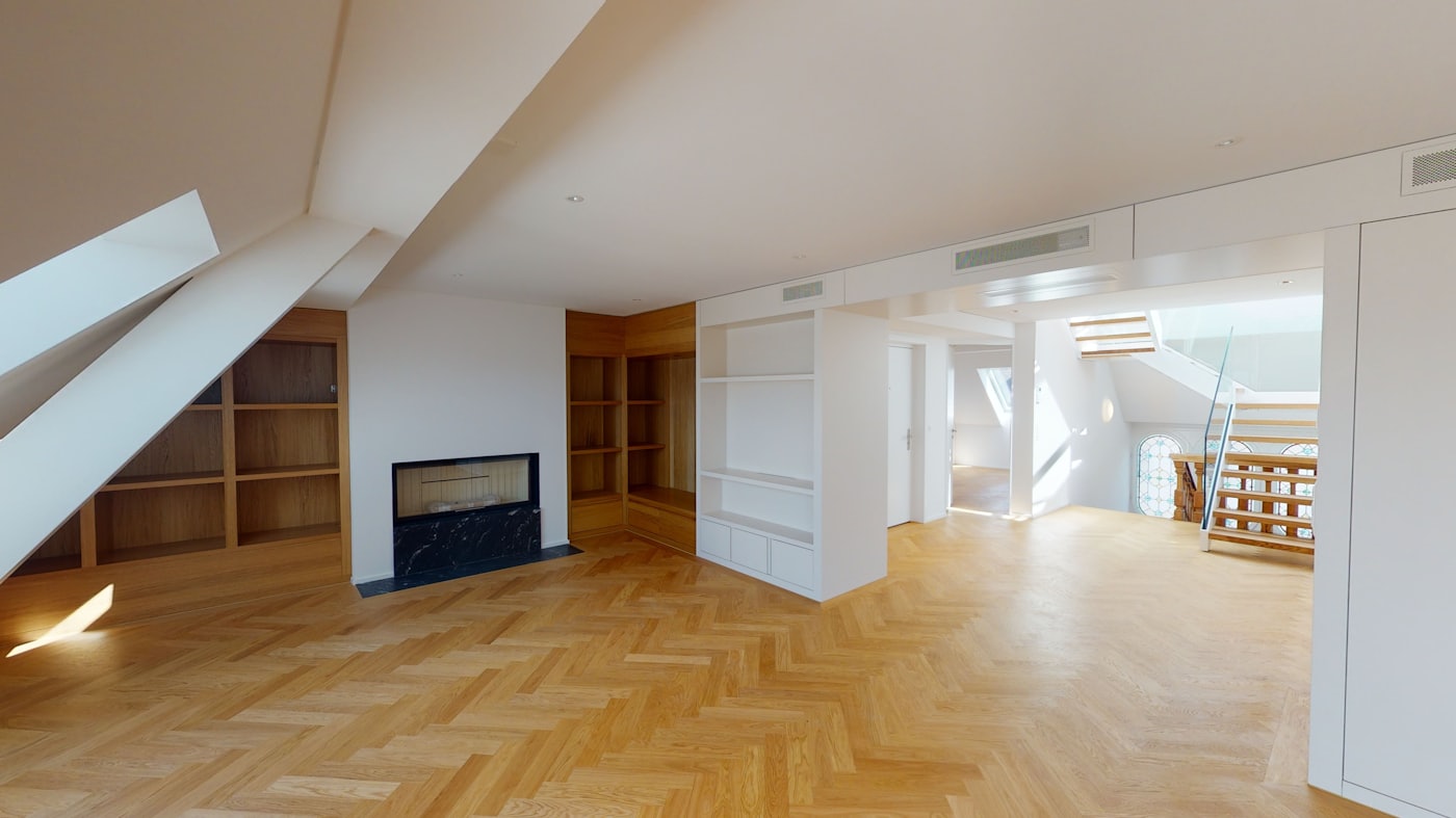 Finished room with fresh walls, built in storage and new flooring